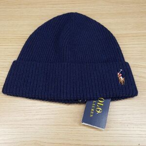POLO RALPH LAUREN Mens Beanie Hat Navy Blue Ribbed Cuff Pony Logo 100% Wool